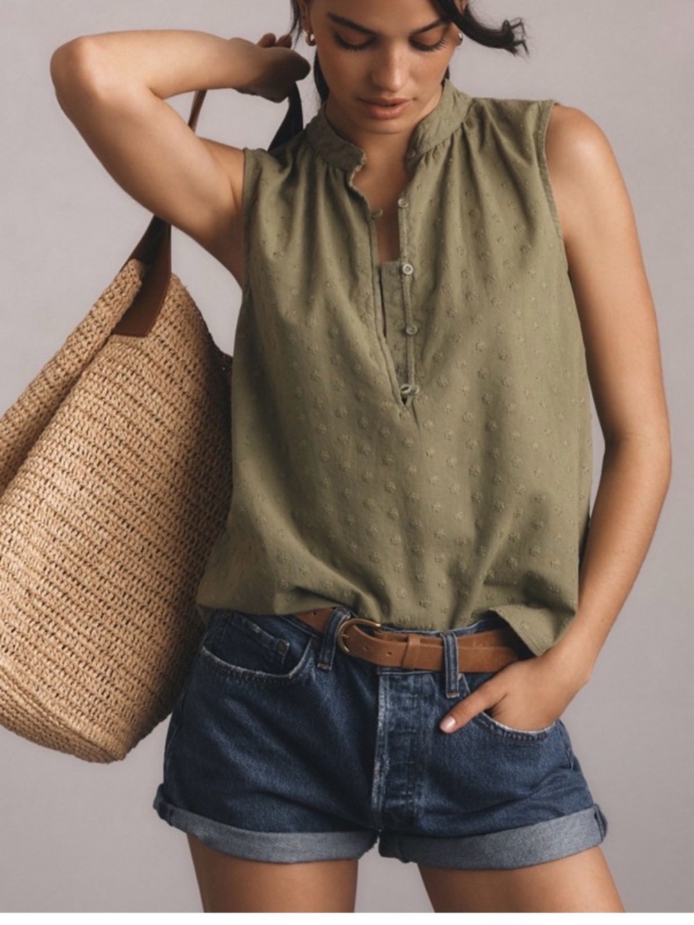Cloth & Stone Anthropologie Textured Sleeveless Henley Tank Top